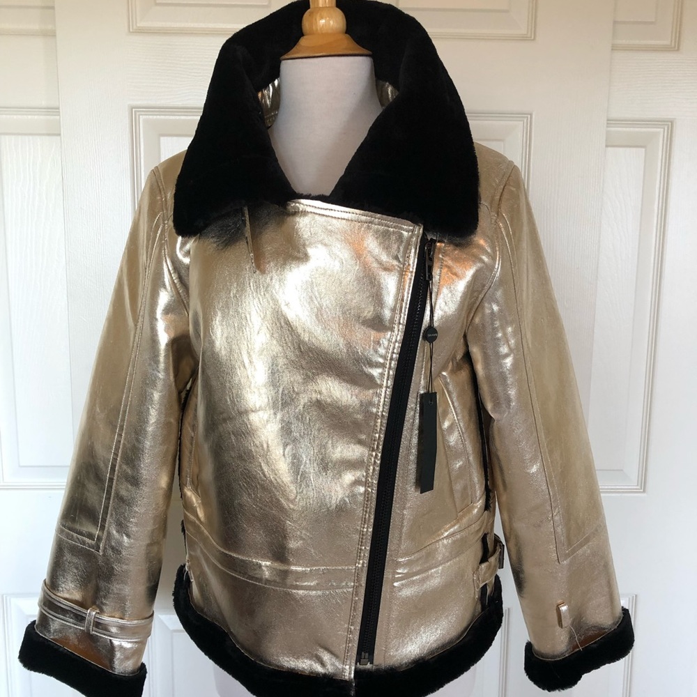 Blank NYC Gold metallic black faux fur jacket Med